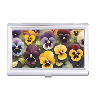 Yellow and purple pansies watercolor painting business card case