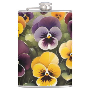 Yellow and purple pansies watercolor painting flask