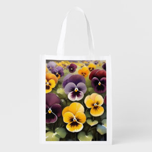 Yellow and purple pansies watercolor painting grocery bag