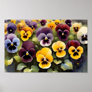 Yellow and purple pansies watercolor painting  poster