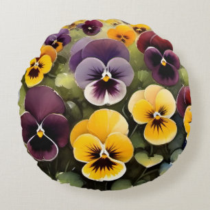 Yellow and purple pansies watercolor painting round pillow