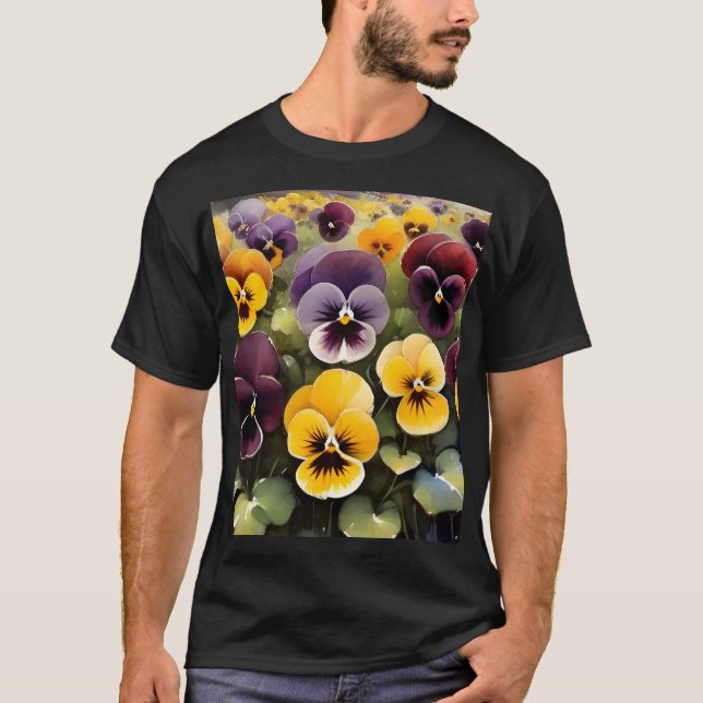Yellow and purple pansies watercolor painting T-Shirt (Front)