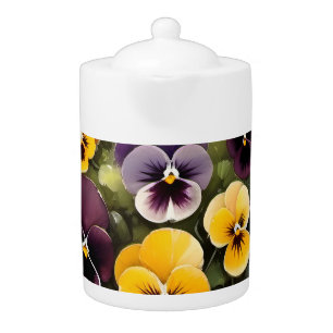 Yellow and purple pansies watercolor painting teapot