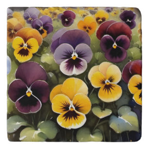 Yellow and purple pansies watercolor painting trivet
