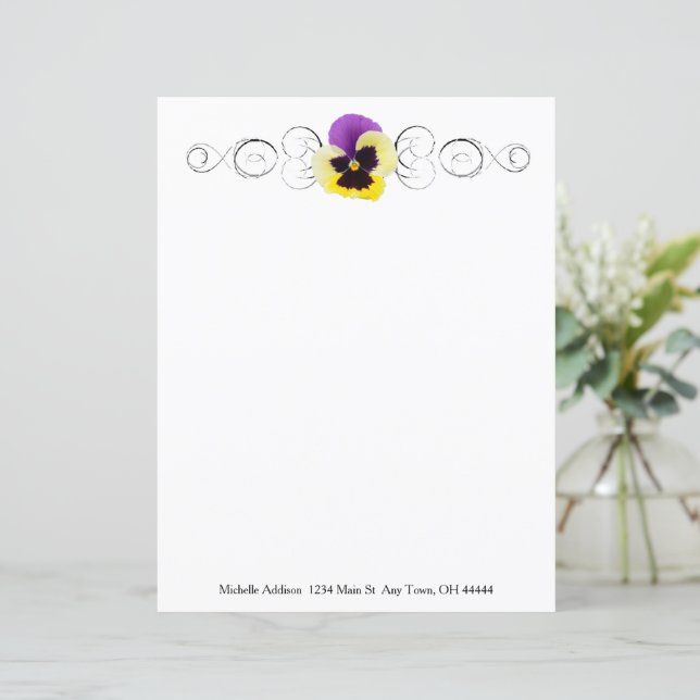Yellow and Purple Pansy Personalized Paper Sheet (Standing Front)