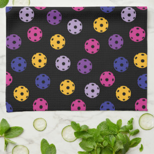 💛Yellow and 💜purple pickleballs on black Kitchen Towel