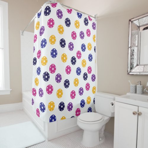 Yellow and purple pickleballs on white Shower Curtain