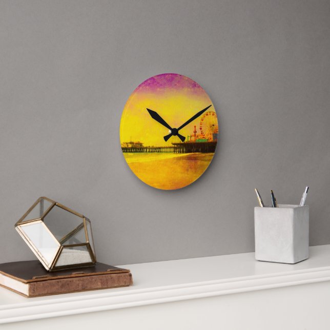 Yellow and Purple Santa Monica Pier Round Clock (Office)