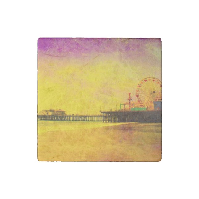 Yellow and Purple Santa Monica Pier Stone Magnet (Front)