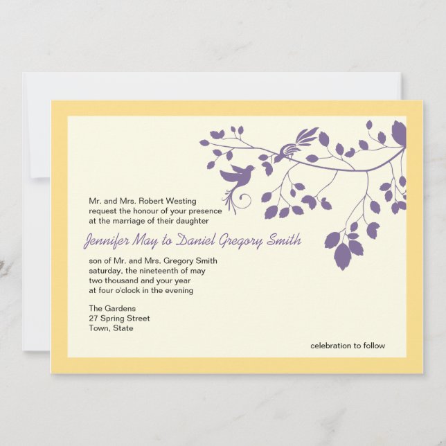 Yellow And Purple Wedding Invitations Love Birds (Front)