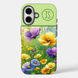 Yellow and Purple Wildflowers Monogrammed iPhone 16 Case