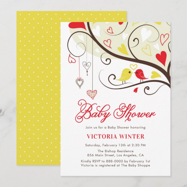 Yellow and Red Birds and Heartstrings Baby Shower Invitation (Front/Back)