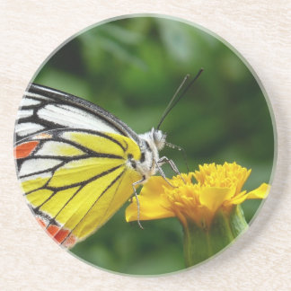 Yellow and Red Butterfly on Yellow Flower Sandstone Coaster