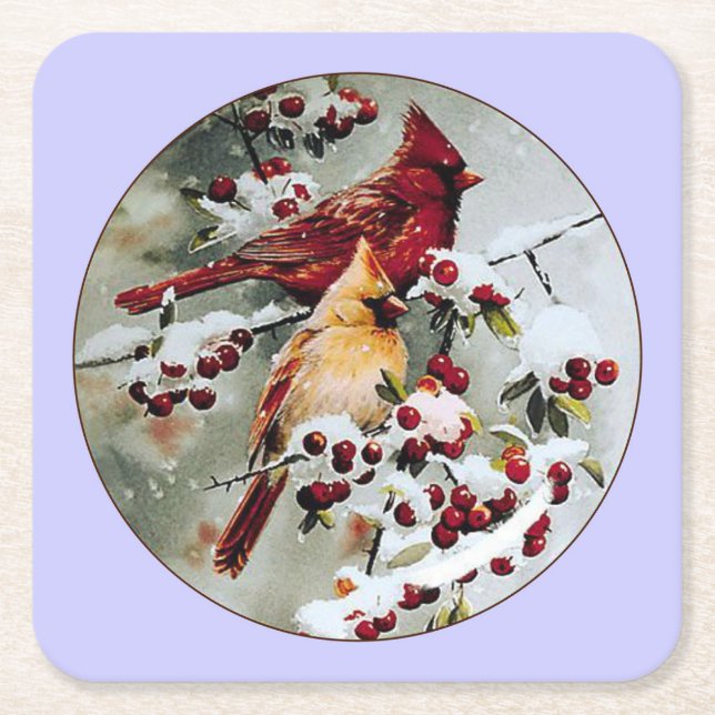 Yellow and Red Cardinals Square Paper Coaster (Front)