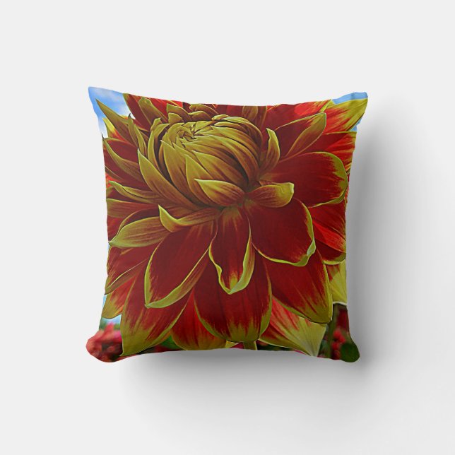 Yellow and Red Dahlia Throw Pillow (Front)