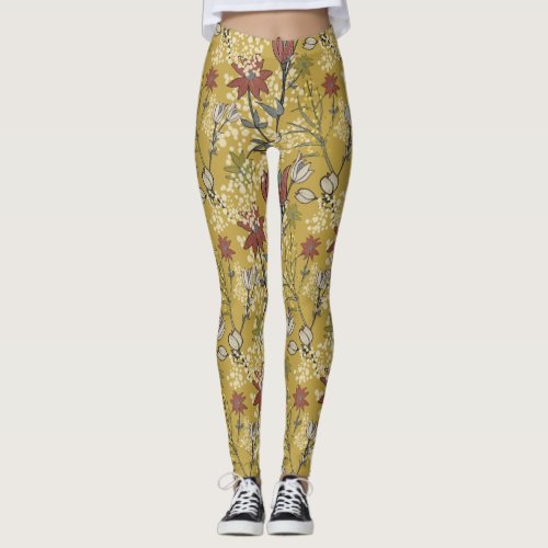 Yellow and red floral wild flower pattern  leggings