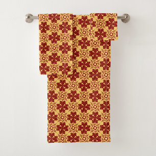 yellow and red geometric floral pattern bath towel set