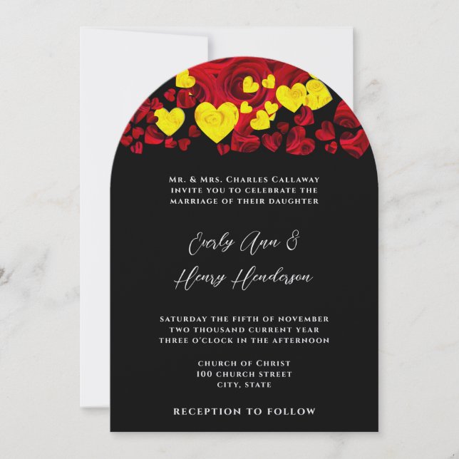 Yellow and Red Heart Roses Wedding Invitation (Front)