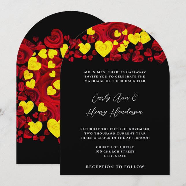 Yellow and Red Heart Roses Wedding Invitation (Front/Back)