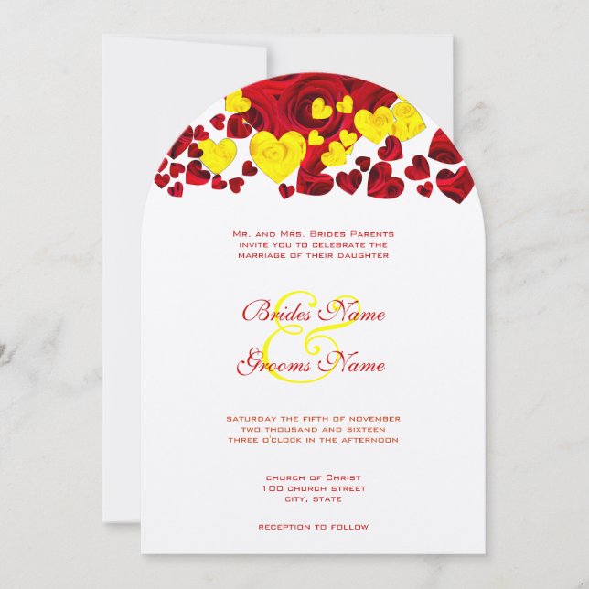 Yellow and Red Heart Roses Wedding Invitation (Front)
