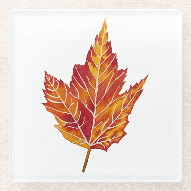Yellow and Red Maple Leaf Glass Coaster (Front)