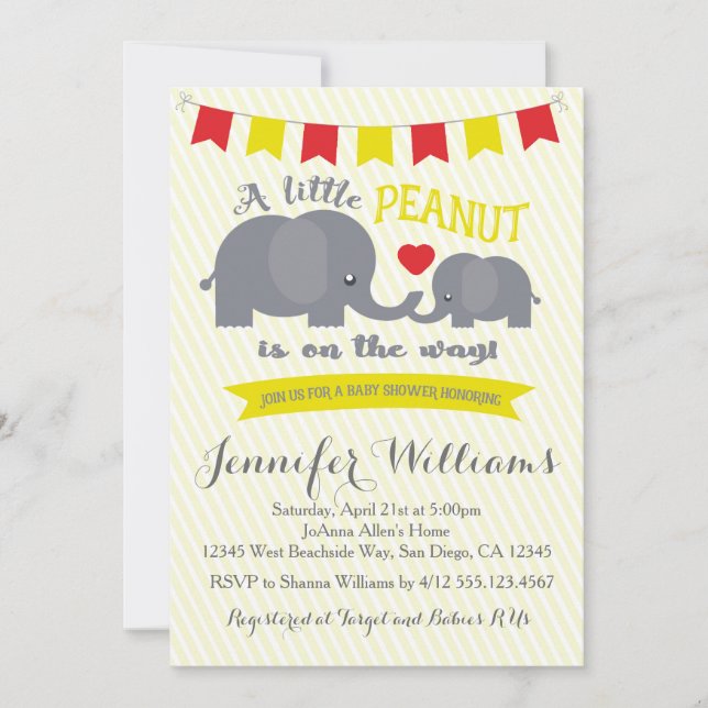 Yellow and Red Peanut Elephant Baby shower Invite (Front)