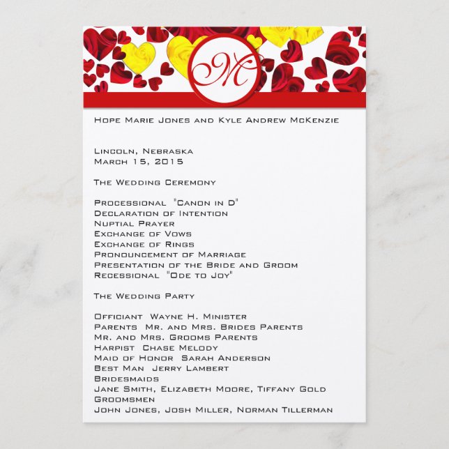 Yellow and Red Roses Wedding Program (Front)
