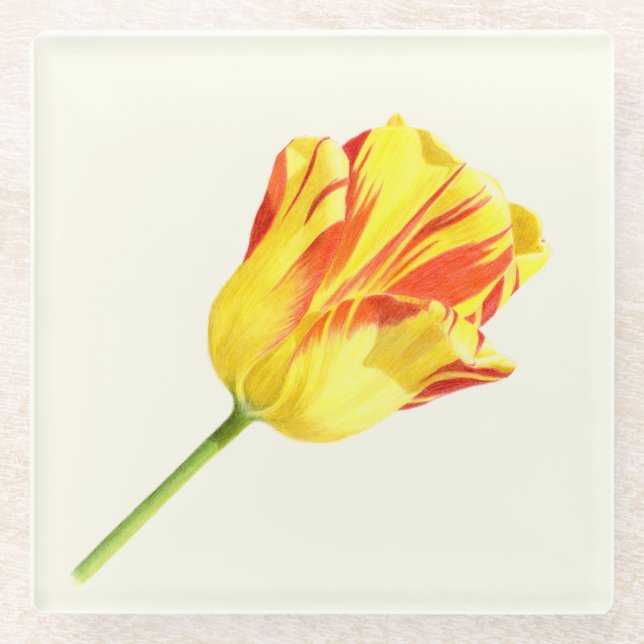 Yellow and red tulip glass coaster (Front)