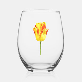 Yellow and red tulip stemless wine glass