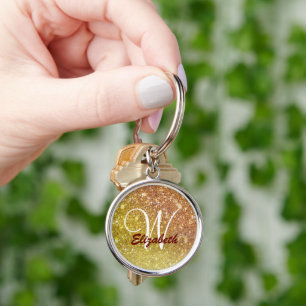 Yellow and Rose Gold Glitter Sparkle Chic Monogram Keychain