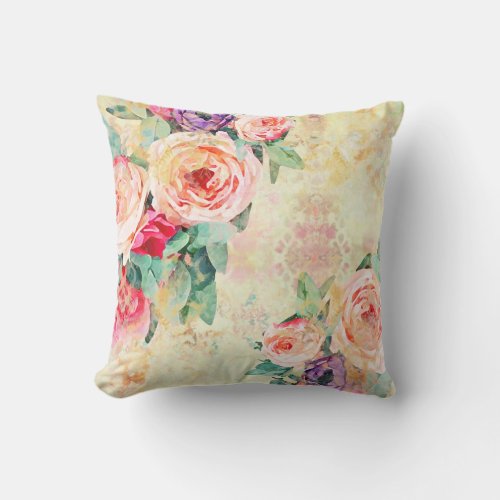 Yellow and Roses Floral Throw Pillow