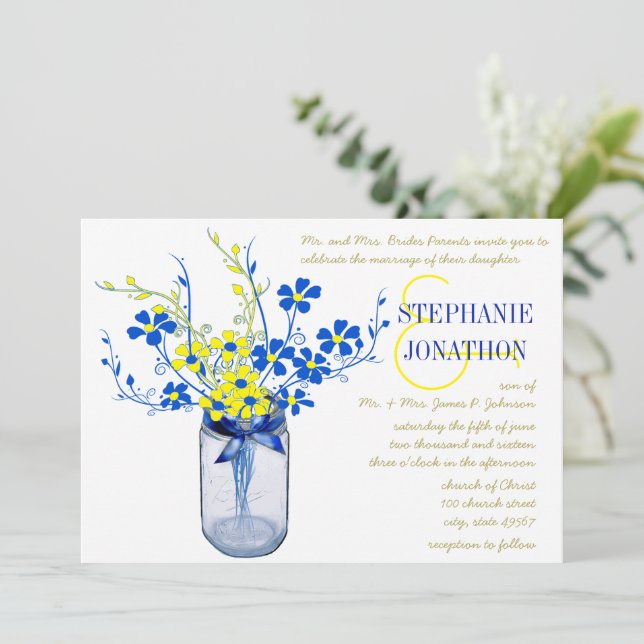 Yellow and Royal Blue Mason Jar Wildflower Wedding Invitation (Standing Front)