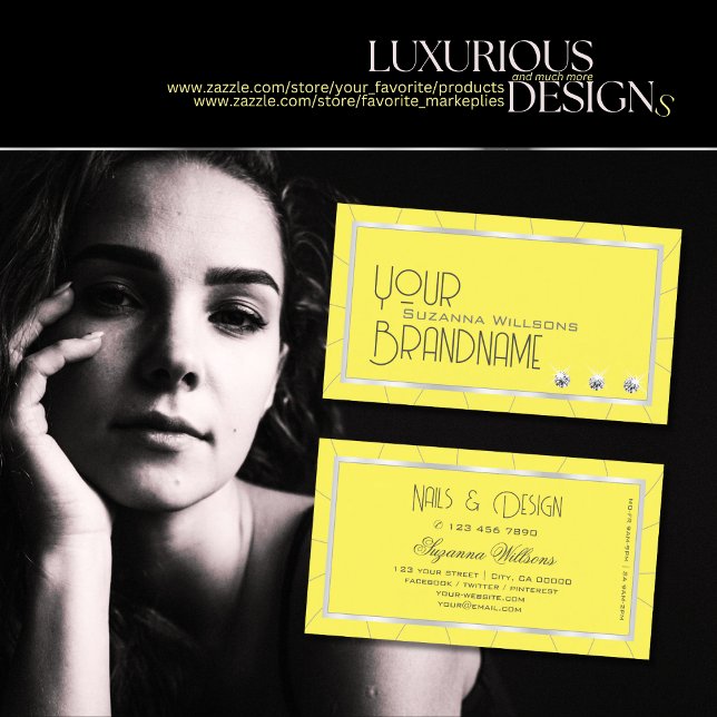 Yellow and Silver Frame with Luxe Diamonds Stylish Business Card (Creator Uploaded)