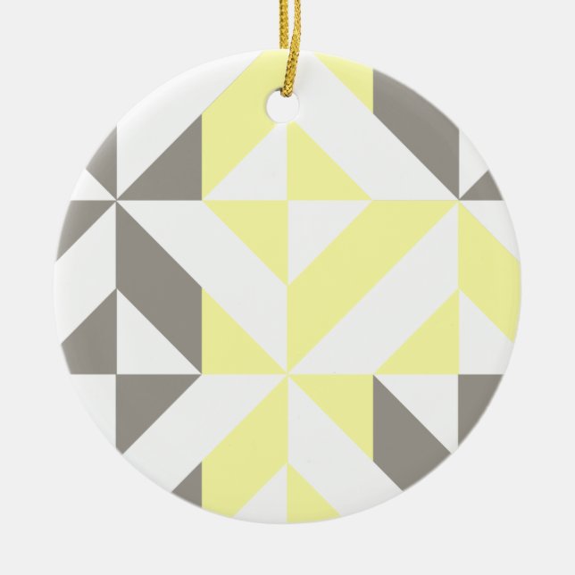 Yellow and Silver Geometric ZigZag Ceramic Ornament (Front)