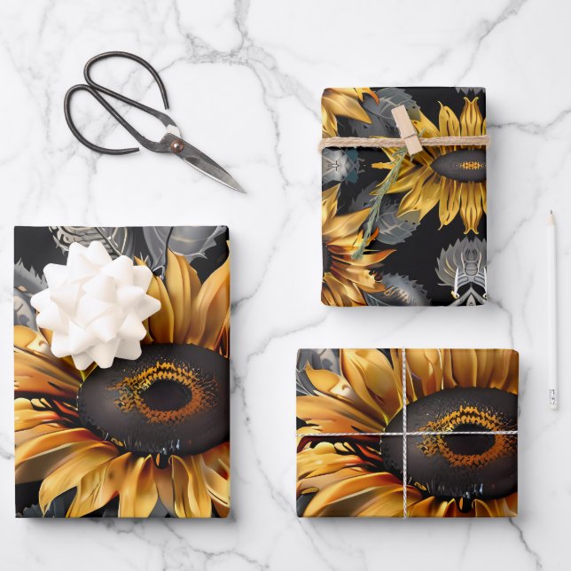 Yellow and Silver Sunflower with Green backdrop Wrapping Paper Sheets (Front)