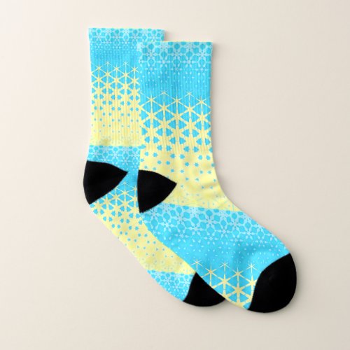 Yellow and Sky Blue Geometric Stars and Snowflake  Socks