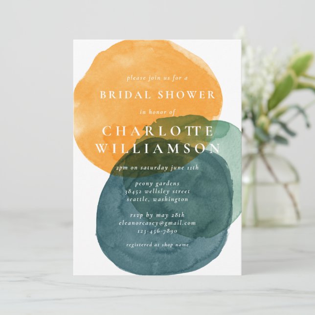 Yellow and Teal Abstract Watercolor Bridal Shower  Invitation (Standing Front)