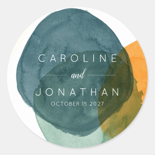 Yellow and Teal Abstract Watercolor Custom Wedding Classic Round Sticker