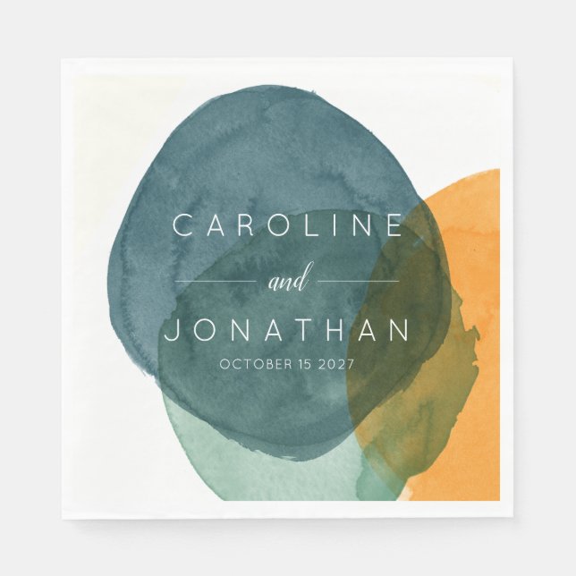 Yellow and Teal Abstract Watercolor Custom Wedding Napkins (Front)