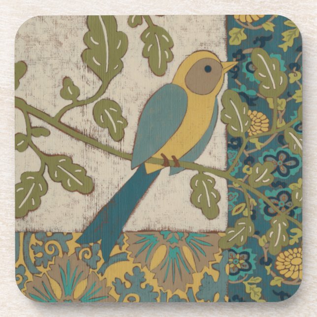 Yellow and Teal Blue Bird Perched on a  Branch Drink Coaster (Front)