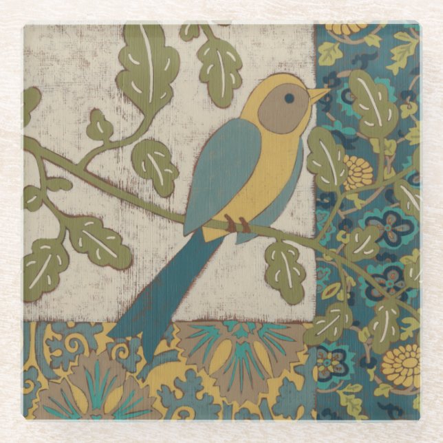 Yellow and Teal Blue Bird Perched on a  Branch Glass Coaster (Front)