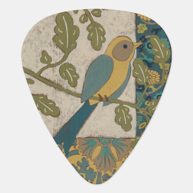 Yellow and Teal Blue Bird Perched on a  Branch Guitar Pick (Front)