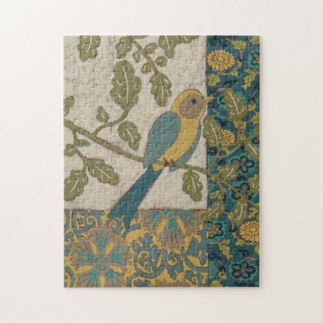 Yellow and Teal Blue Bird Perched on a  Branch Jigsaw Puzzle (Vertical)