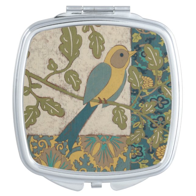 Yellow and Teal Blue Bird Perched on a  Branch Mirror For Makeup (Front)