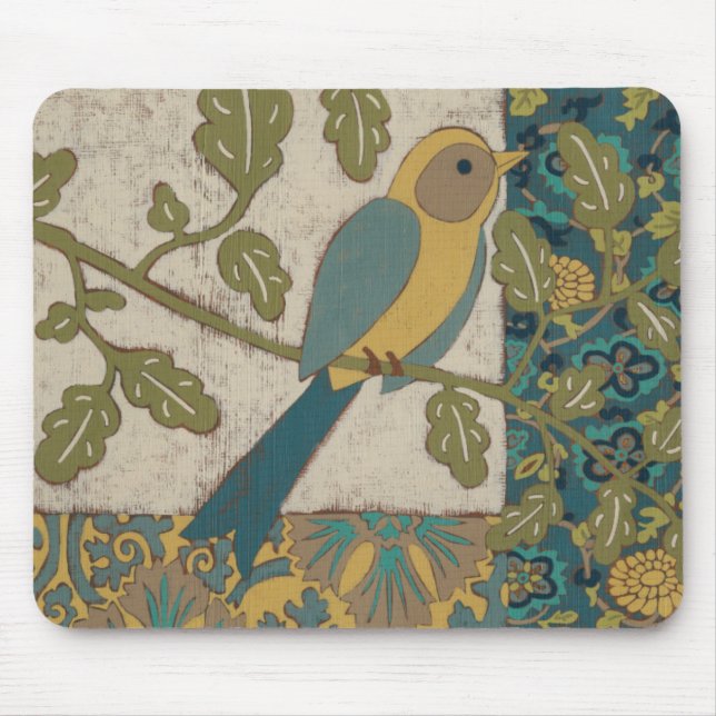 Yellow and Teal Blue Bird Perched on a  Branch Mouse Pad (Front)