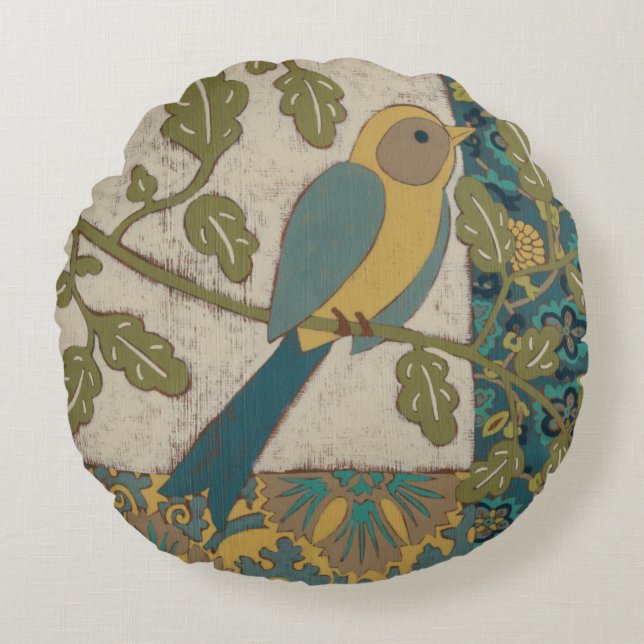 Yellow and Teal Blue Bird Perched on a  Branch Round Pillow (Front)