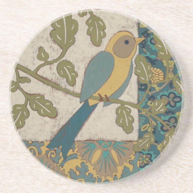 Yellow and Teal Blue Bird Perched on a  Branch Sandstone Coaster (Front)