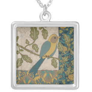 Yellow and Teal Blue Bird Perched on a Branch Silver Plated Necklace