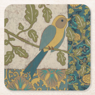 Yellow and Teal Blue Bird Perched on a Branch Square Paper Coaster