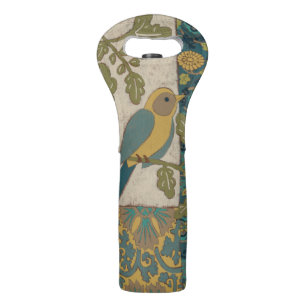 Yellow and Teal Blue Bird Perched on a  Branch Wine Bag
